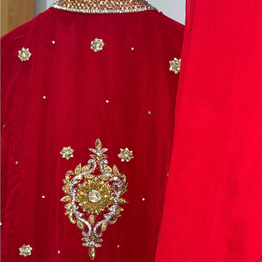 Red Embroidered Desi Outfit - Picture 5 of 6